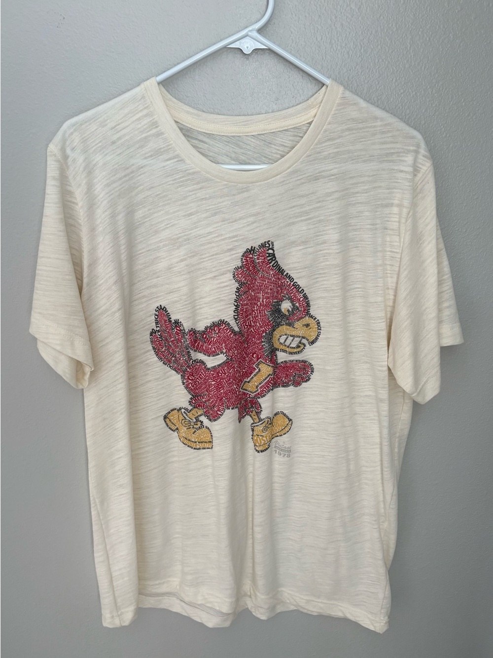 Iowa State University Cyclones Cream Short Sleeve Tee with Red Cardinal Graphic